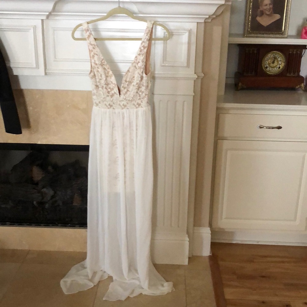 White and beige lace dress